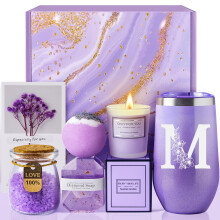 Lavender Spa Gift Basket for Women with Bath Salts, Candle and Monogrammed 20oz Tumbler