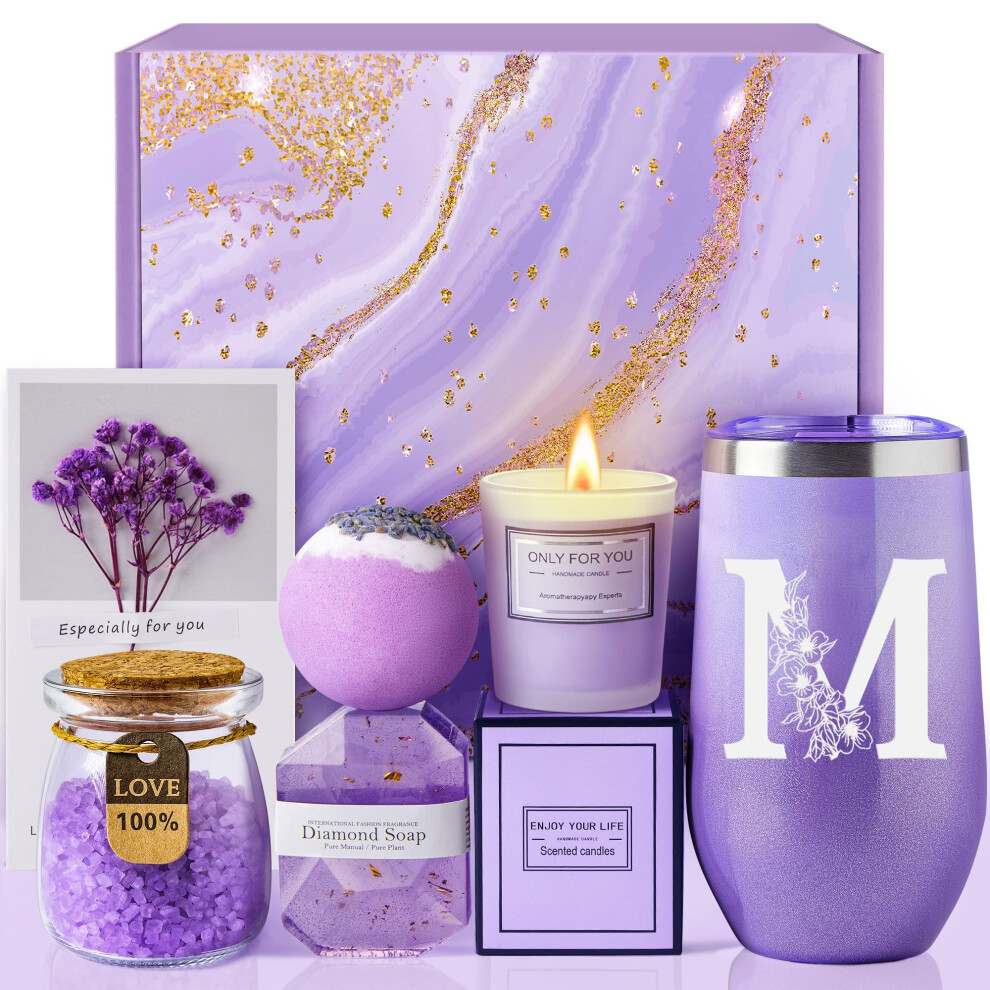 Lavender Spa Gift Basket For Women With Bath Salts, Candle And Monogrammed 20Oz Tumbler