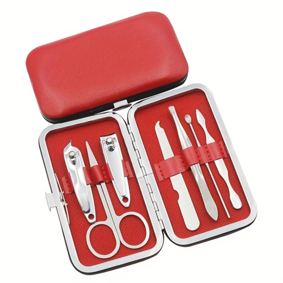 Orange 7 Pcs Stainless Steel Manicure Set Nail Clippers Eyebrow Scissors Tweezers Travel Grooming Kit