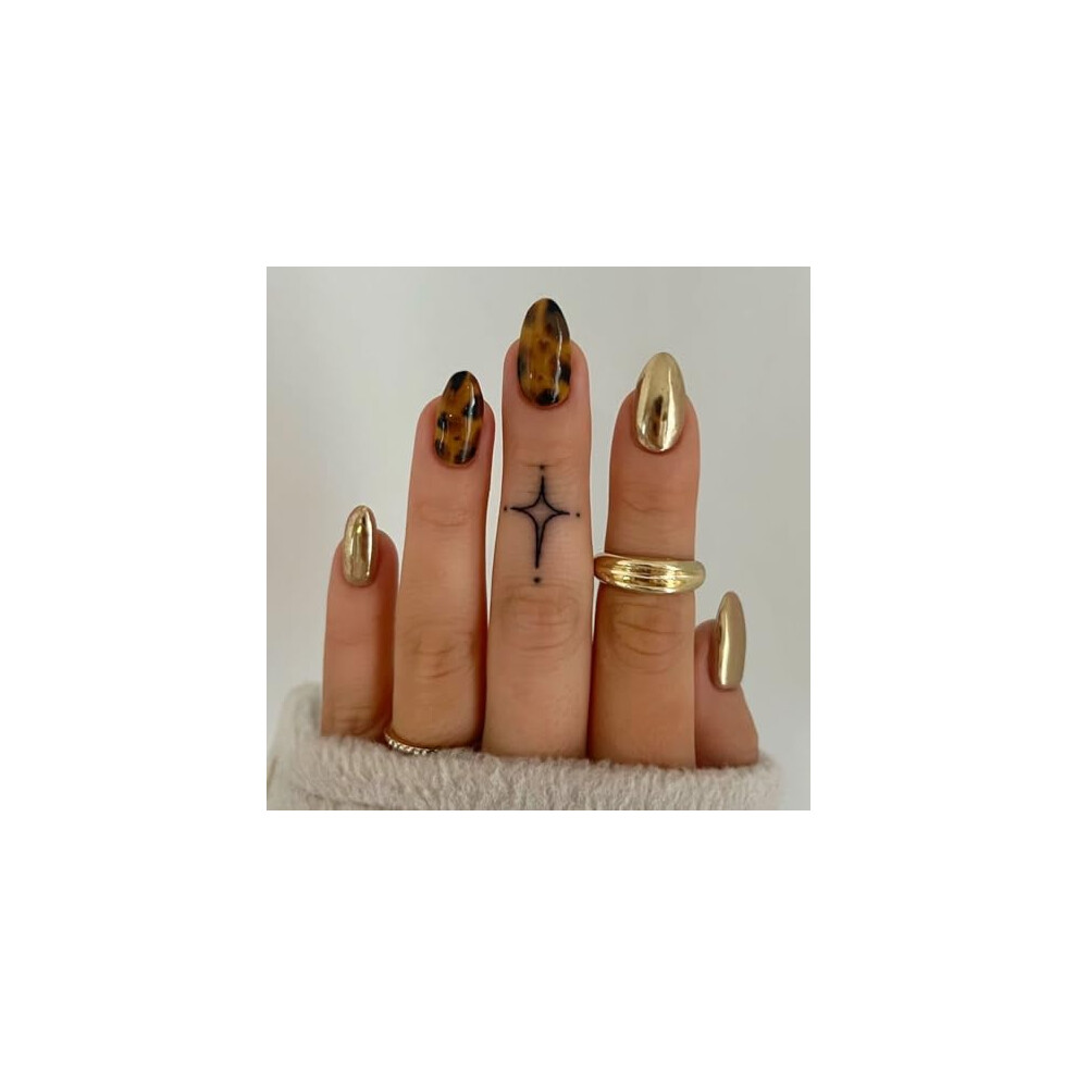 Gold Short Almond Press On Nails Marble and Leopard Design Fake Nails Reusable Glossy Acrylic