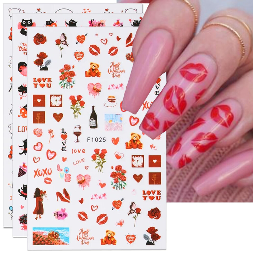 Valentine's Day Nail Art Stickers 3D Self Adhesive Love Heart Cat Rose Decals for Acrylic Nails