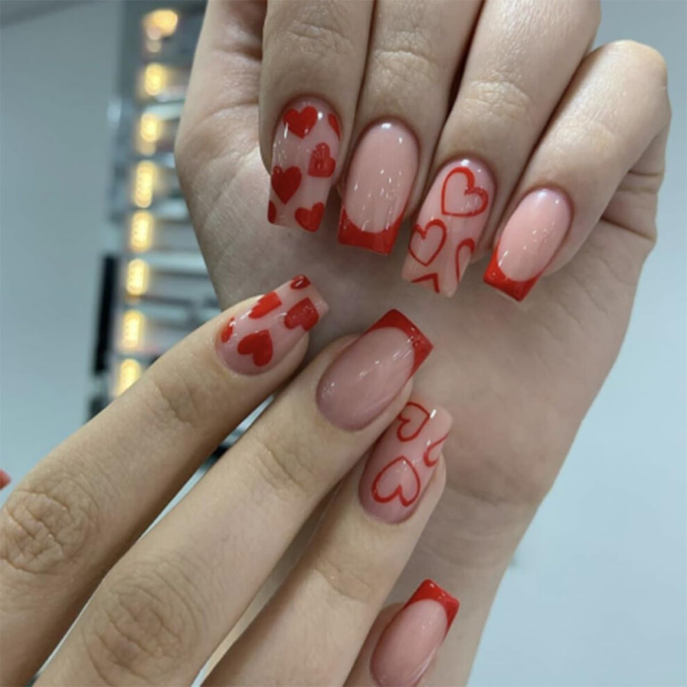 Valentine's Day Red French Tip Press on Nails Short Square Fake Nails with Glue 24pcs