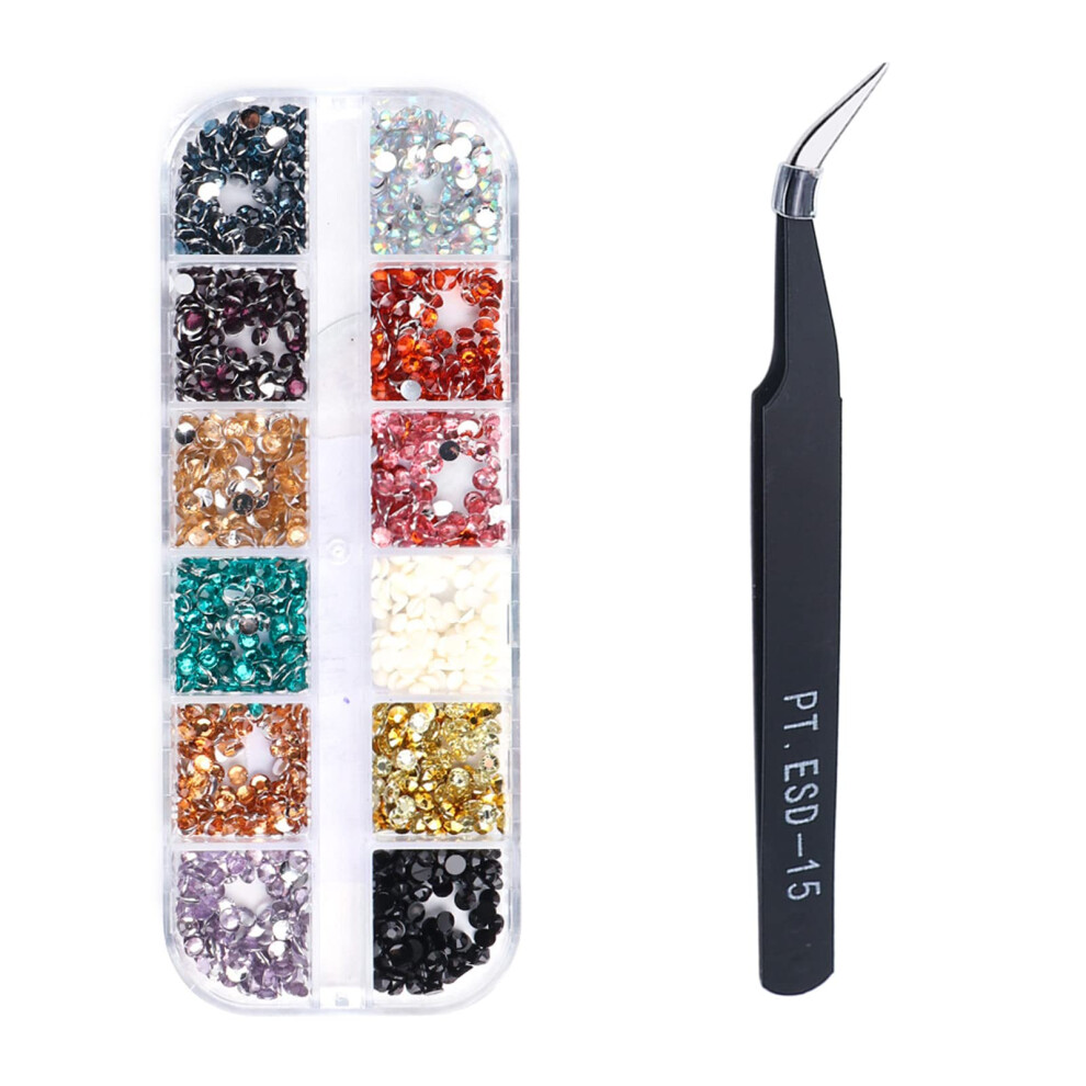 12 Grid Nail Art Rhinestones Kit with Colorful 3D Nail Gems, Assorted Sizes for Manicure