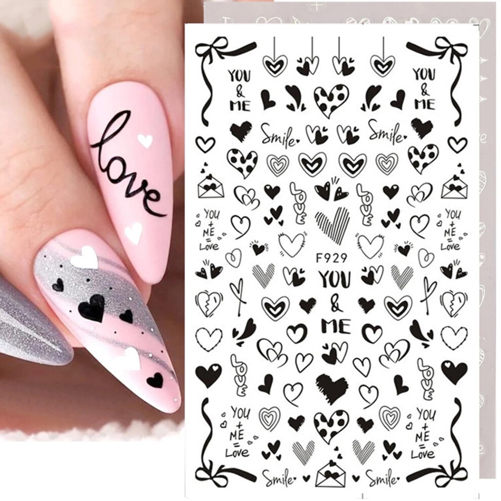 Valentine's Day Nail Stickers 3D SelfAdhesive Heart Nail Decals Black and White Love Theme 8 Pcs