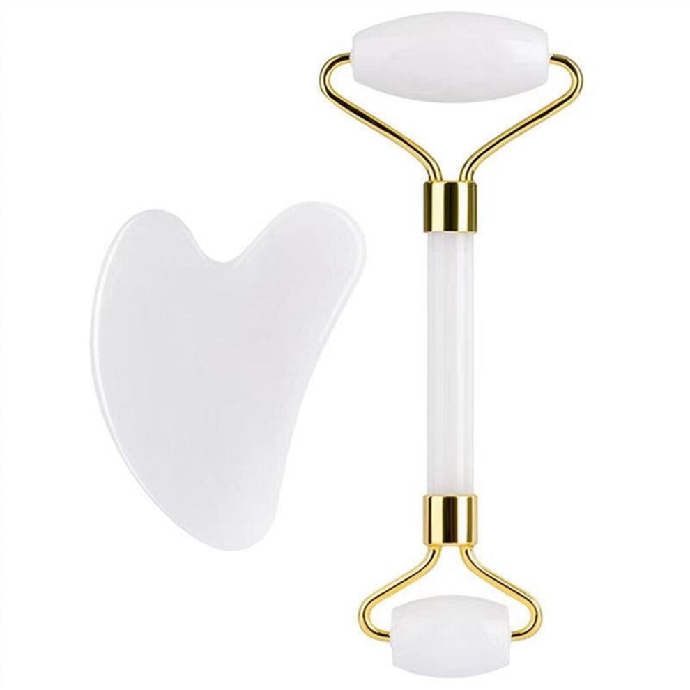 White Jade Roller And Gua Sha Set For Facial Contour Sculpting And Wrinkle Smoothing
