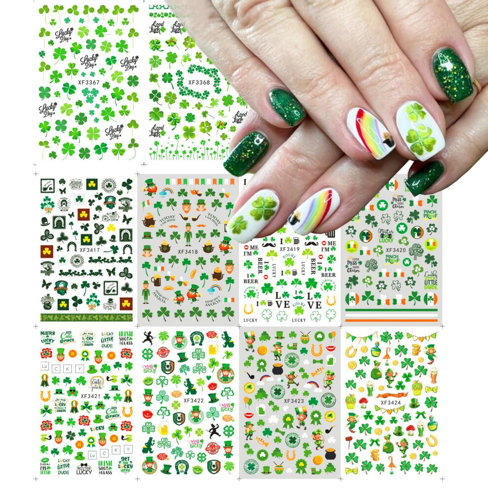 Green St. Patrick's Day Nail Stickers 3D Selfadhesive Shamrock Decals With Leprechaun Hat Designs