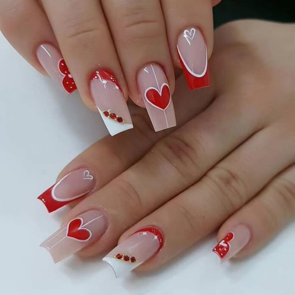 French Tip Press On Nails Medium Square Glossy Hearts with Rhinestone Accent for Valentine's Day 24Pcs