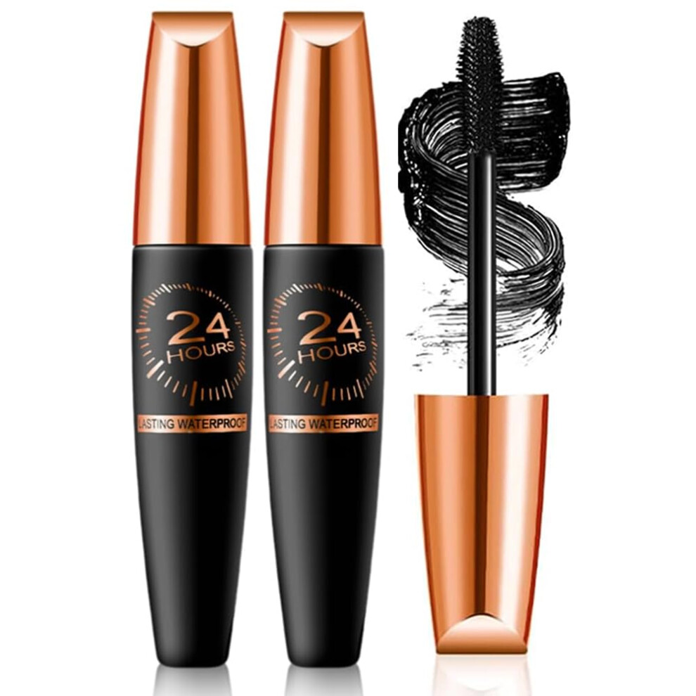Black 2 Pcs Waterproof 4D Silk Fiber Mascara, Long Lasting Smudge Proof Lengthening And Curling