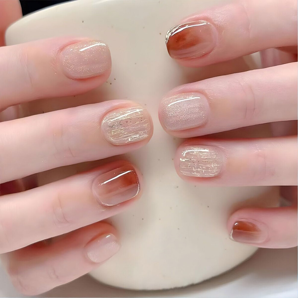 Short Square Press On Nails Kit Caramel Amber Glossy Gel Fake Nails with Glue Multiple Sizes 24pcs