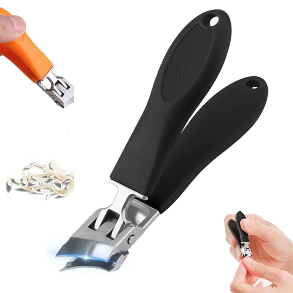 Black Nail Clippers For Thick Toenails With Wide Opening Slanted Curved Blade, Antisplash