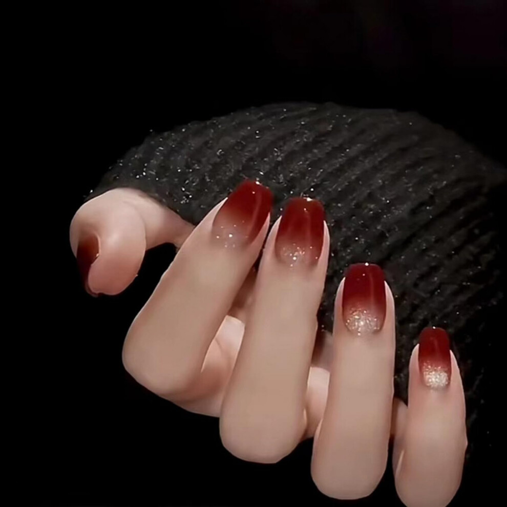 Wine Red Coffin Press On Nails Cat Eye Gradient Fake Acrylic Nails Reusable Glossy Nail Tips 24pcs