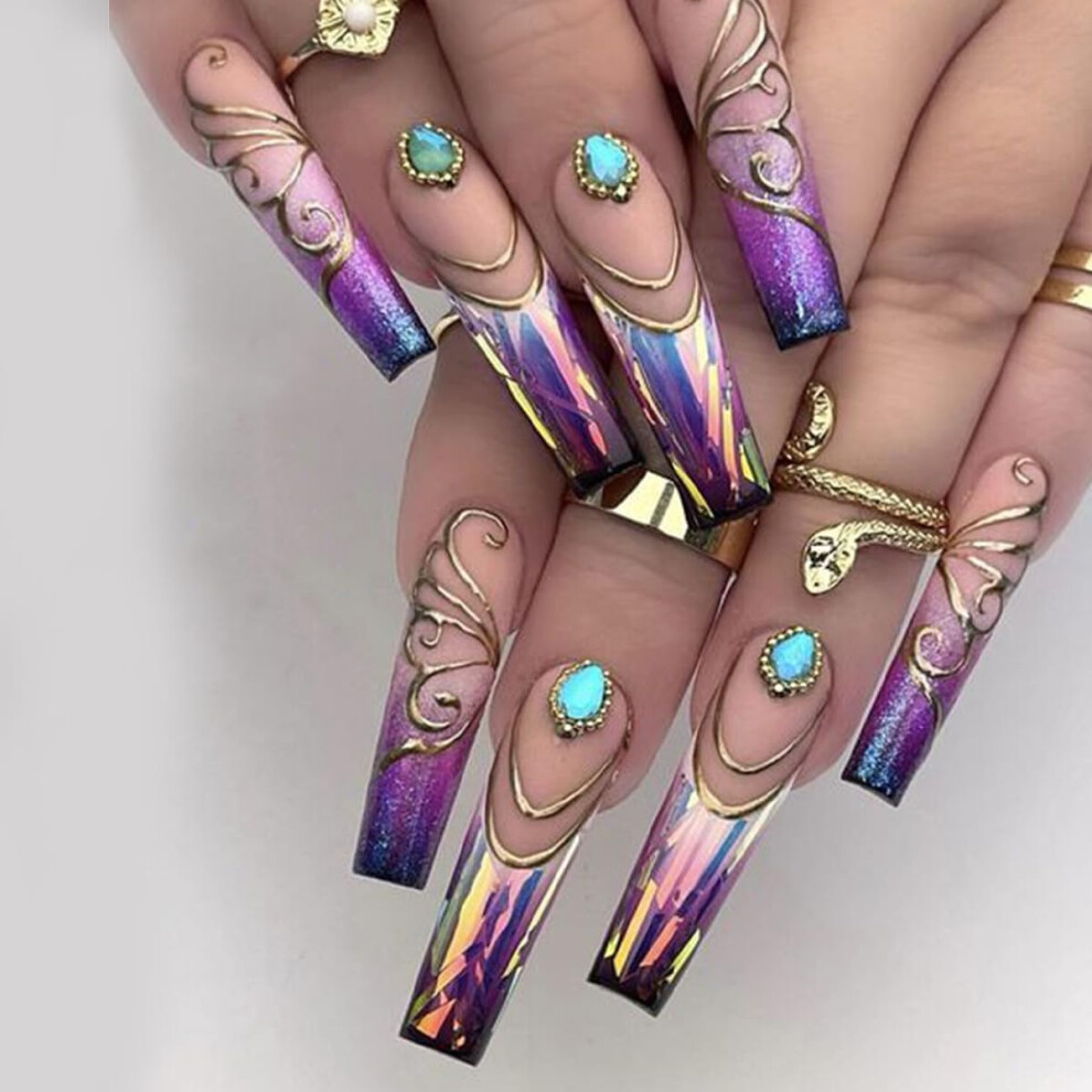 Purple Gradient Coffin Press On Nails With Glitter French Tips, Reusable Full Cover Fake Acrylic Nails