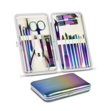 18 Piece Professional Manicure Pedicure Set with Rainbow Finish and Leather Case