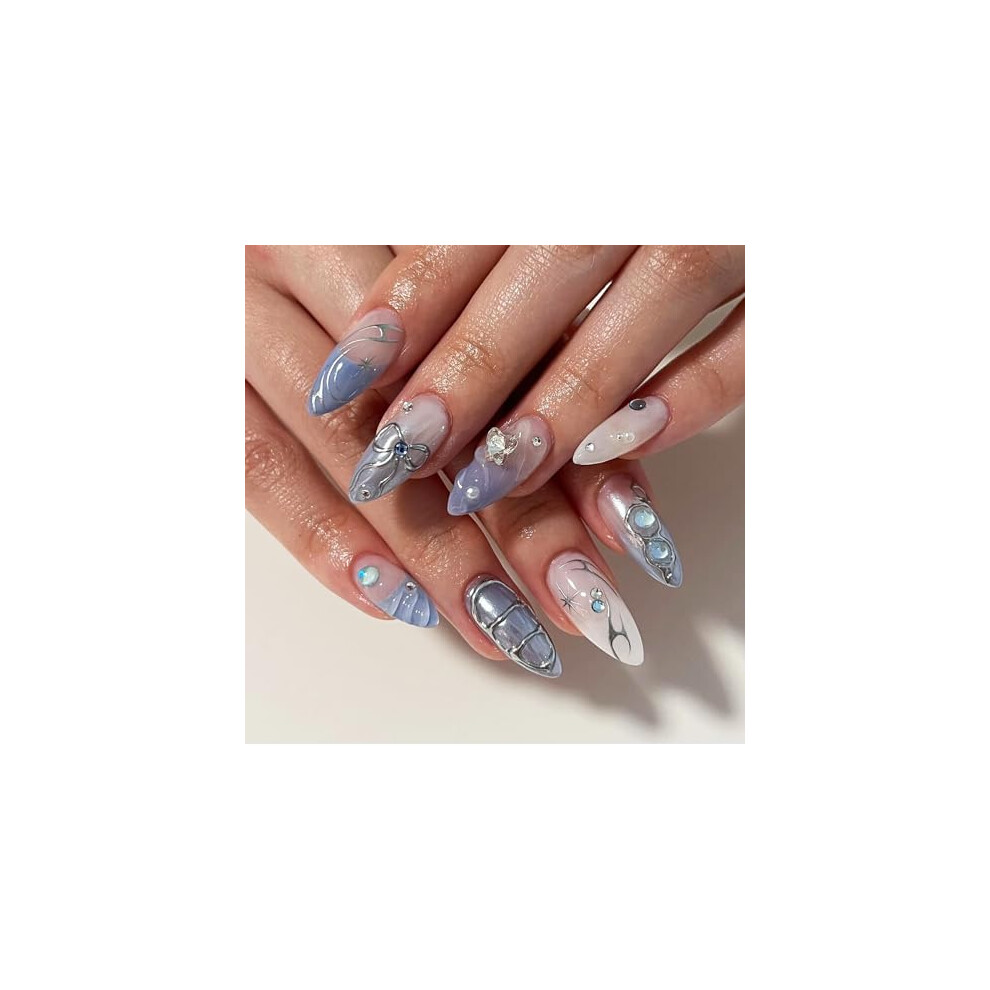 Blue French Tip Press On Nails Medium Almond with 3D Butterfly Rhinestones 24pcs Reusable Set