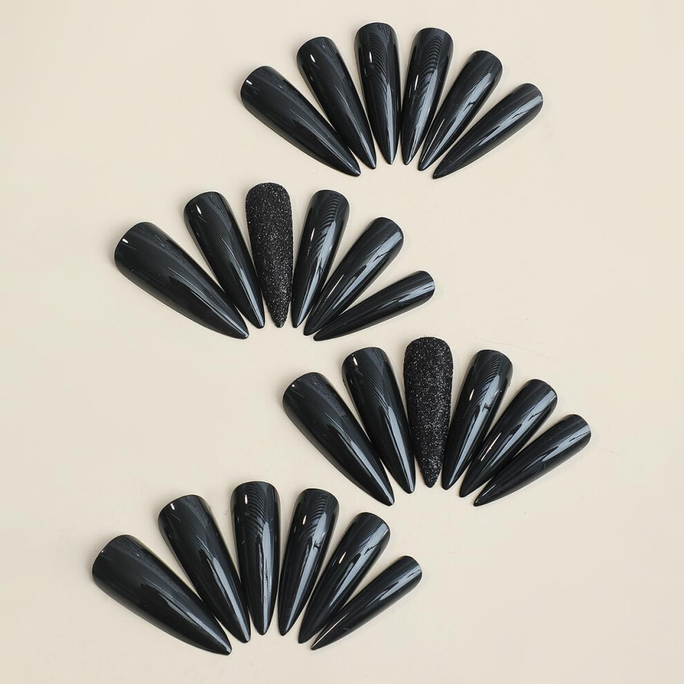 Long Pointed Black Glitter Press On Nails 24pc Set â Wide Size Range, LongLasting Wear
