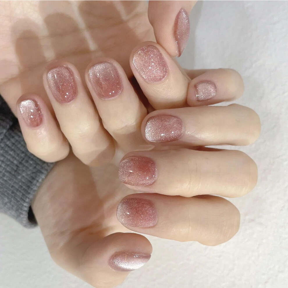 Short Pink Press On Nails 24pcs Square Acrylic Fake Nails with Cat Eye Glitter, Reusable Nail Kit