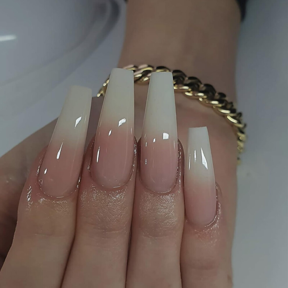 24Pcs Extra Long Coffin Press on Nails French Tip Gradient Acrylic False Nails for Women