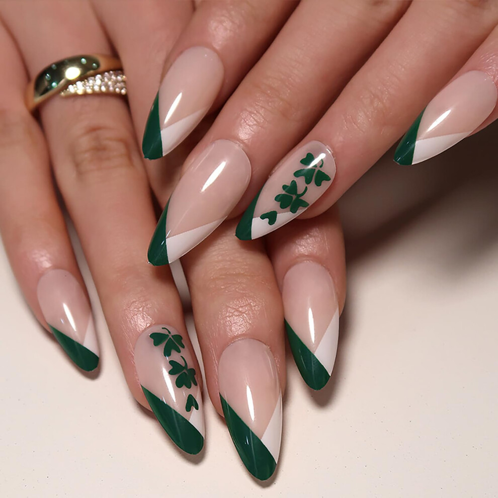 Cream St Patricks Day Press On Nails Medium Almond Fake Nails Nude Clover Design Reusable 24 Pcs Set