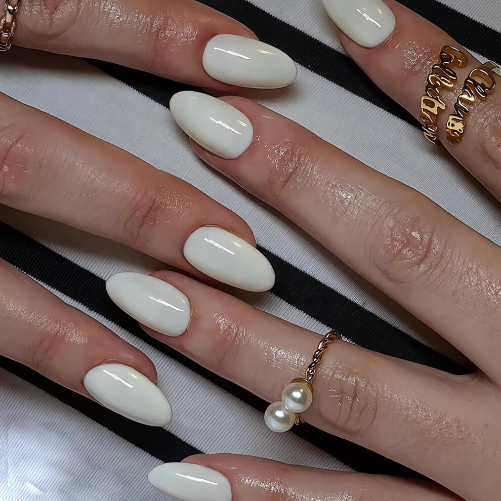 Short Almond Press On Nails White Acrylic Fake Nail Kit with Glue Reusable False Tips 24PCS