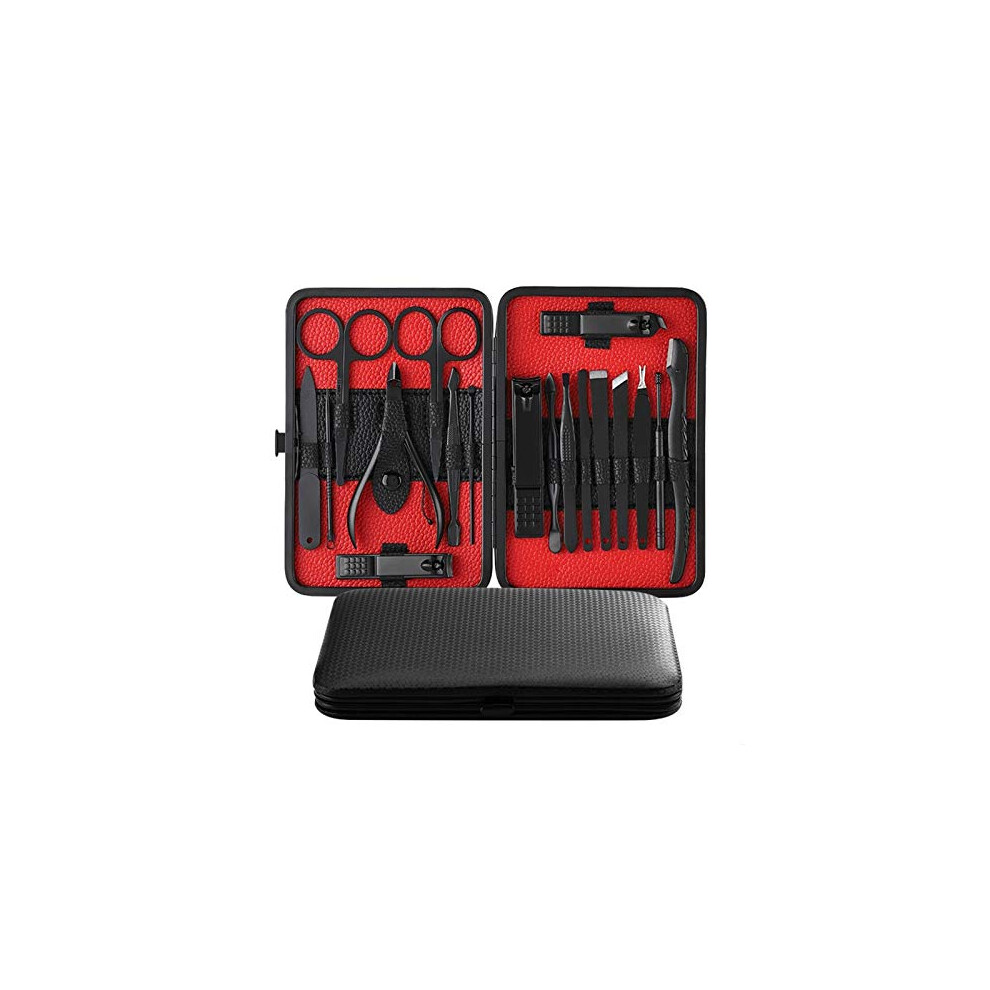 Black Manicure Set 18Pcs Nail Clippers Kit With Pu Leather Case For Travel Pedicure And Grooming