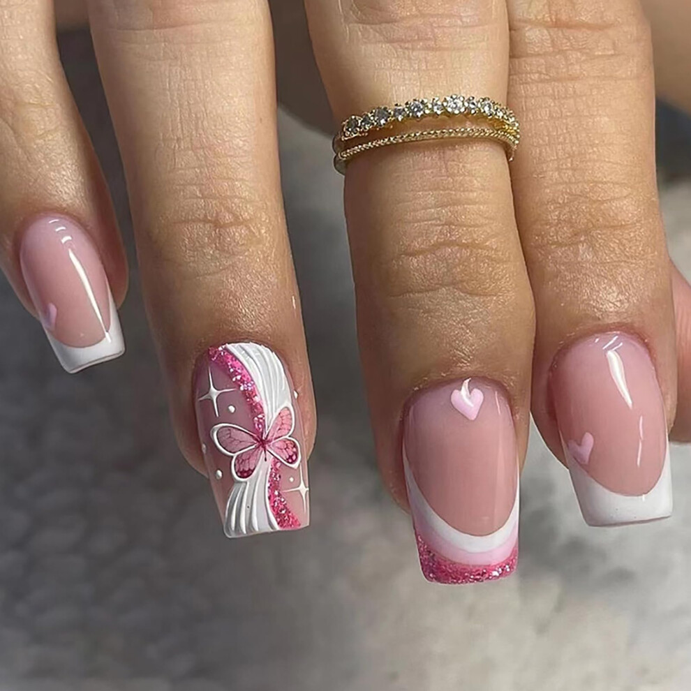 Medium Square French Tip Press on Nails with Butterfly Design Acrylic Fake Nails Set 24Pcs