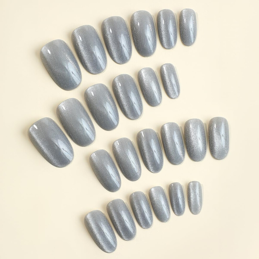 Gray Cat Eye Press On Nails 24pcs Acrylic Fake Nails Reusable Detachable Tips LongLasting Wear
