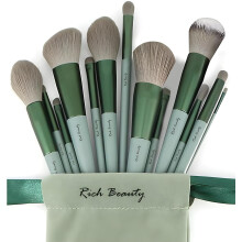 13 Piece Makeup Brush Set with Soft Synthetic Bristles, Green Handles, Travel Pouch for Full Face