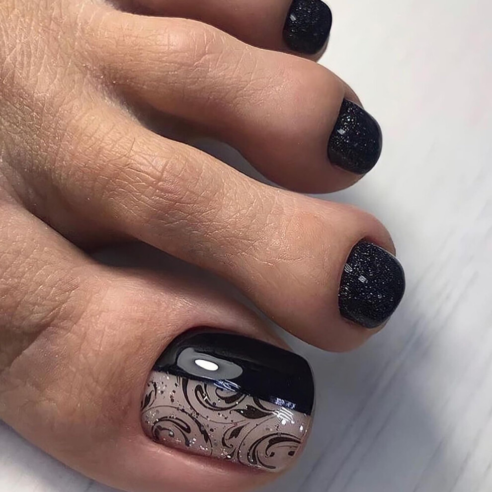 Black Glitter Press On Toenails Short Square Fake Toenails Full Cover Tips with Glue for Women