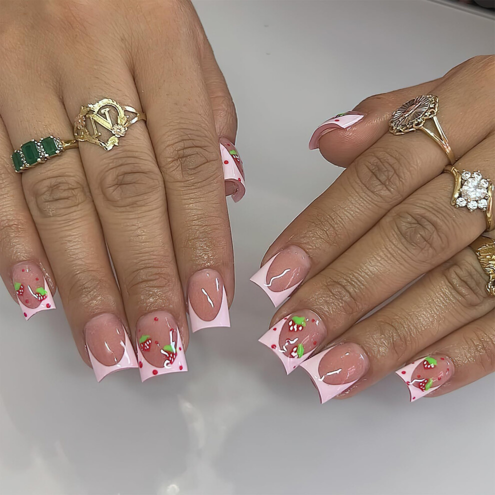 Pink French Tip Press On Nails Short Square Glossy Fake Nails Strawberry Design 24Pcs