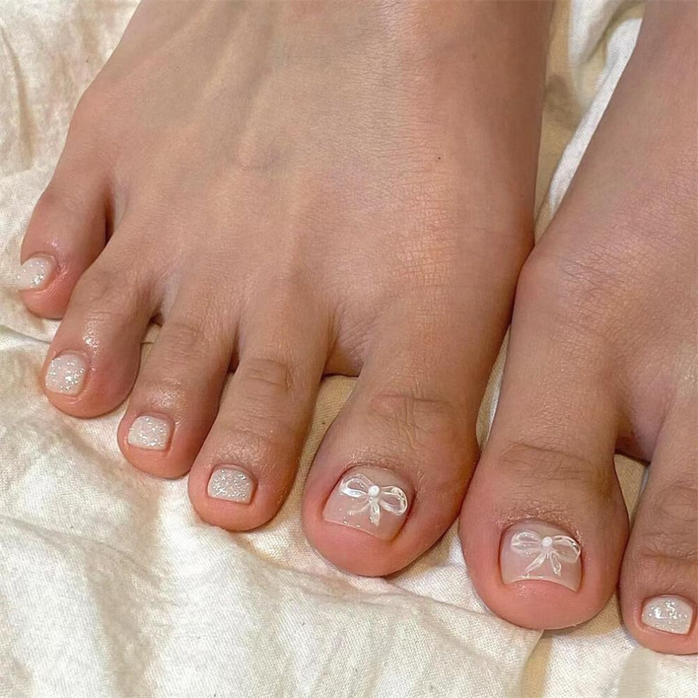 Cream Press On Toenails Nude With Bow Glitter Acrylic Fake Toenails For Women Reusable 24Pcs Set