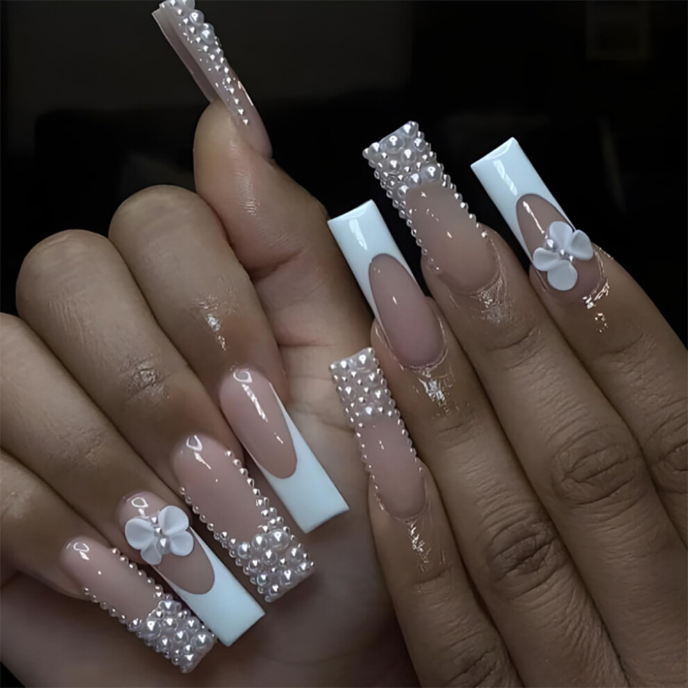 Long French Press On Nails with Pearl Bow Accent, Acrylic Full Cover Fake Nails with Glue