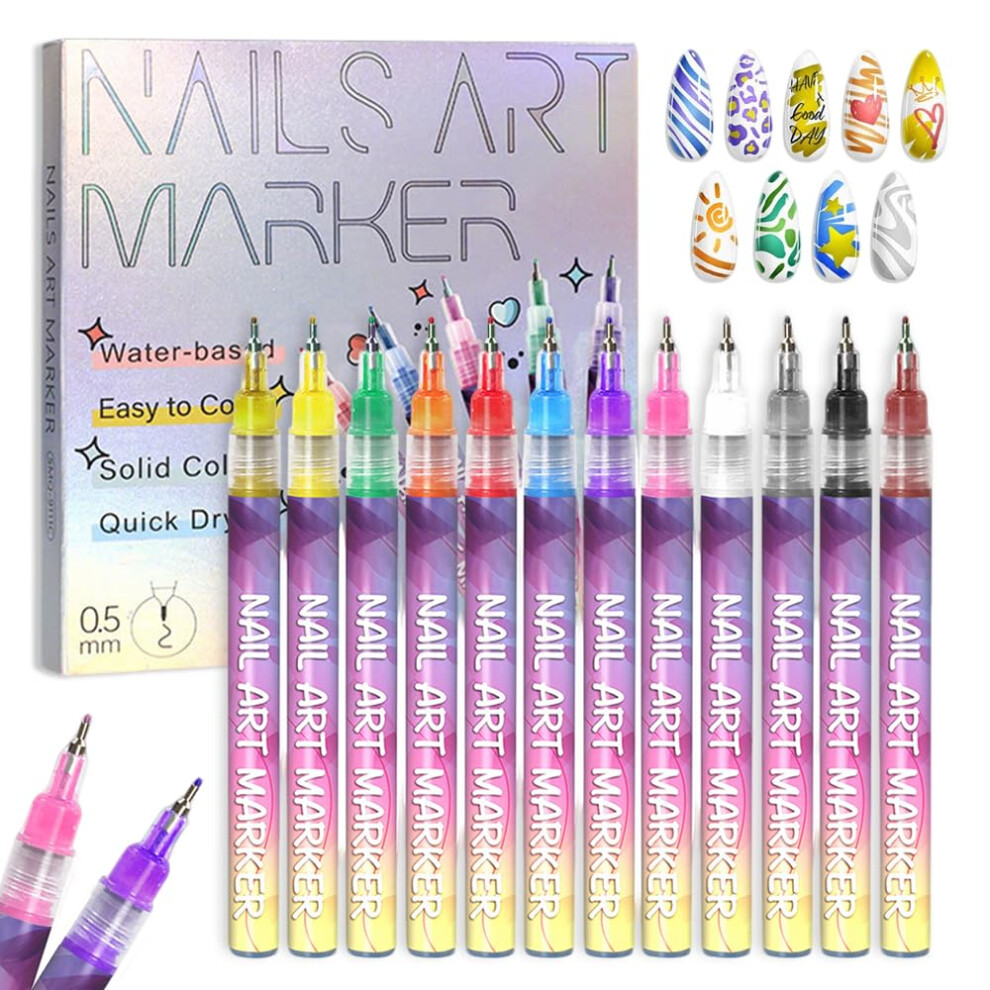Nail Art Pens 0.5mm Fine Tip Set with 12 Vibrant Colors Acrylic Paint Markers for Professional Nail Design