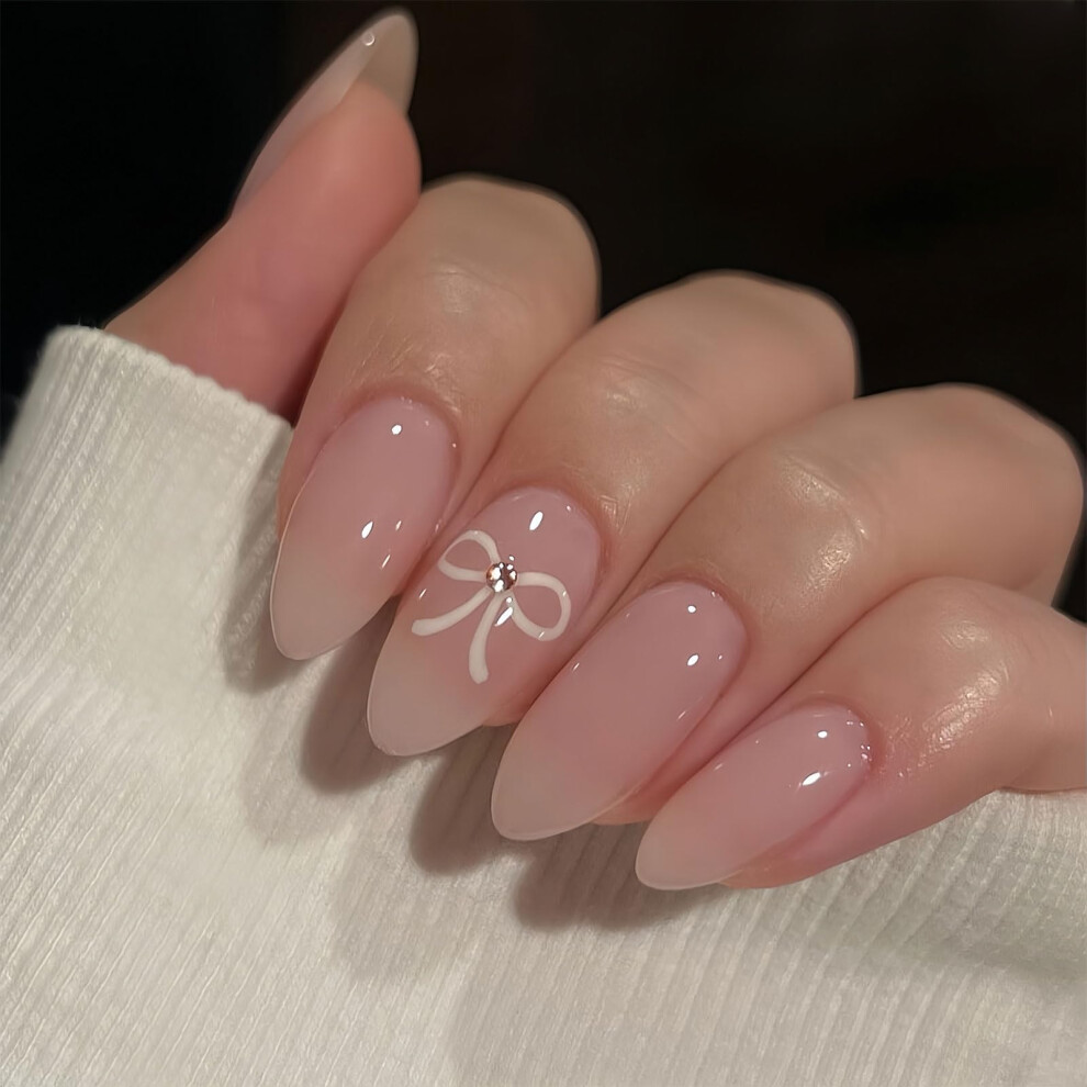 Pink,Red Red Pink Gradient Almond Press On Nails Medium Fake Nails With Bow Rhinestone Glossy Finish 24Pcs