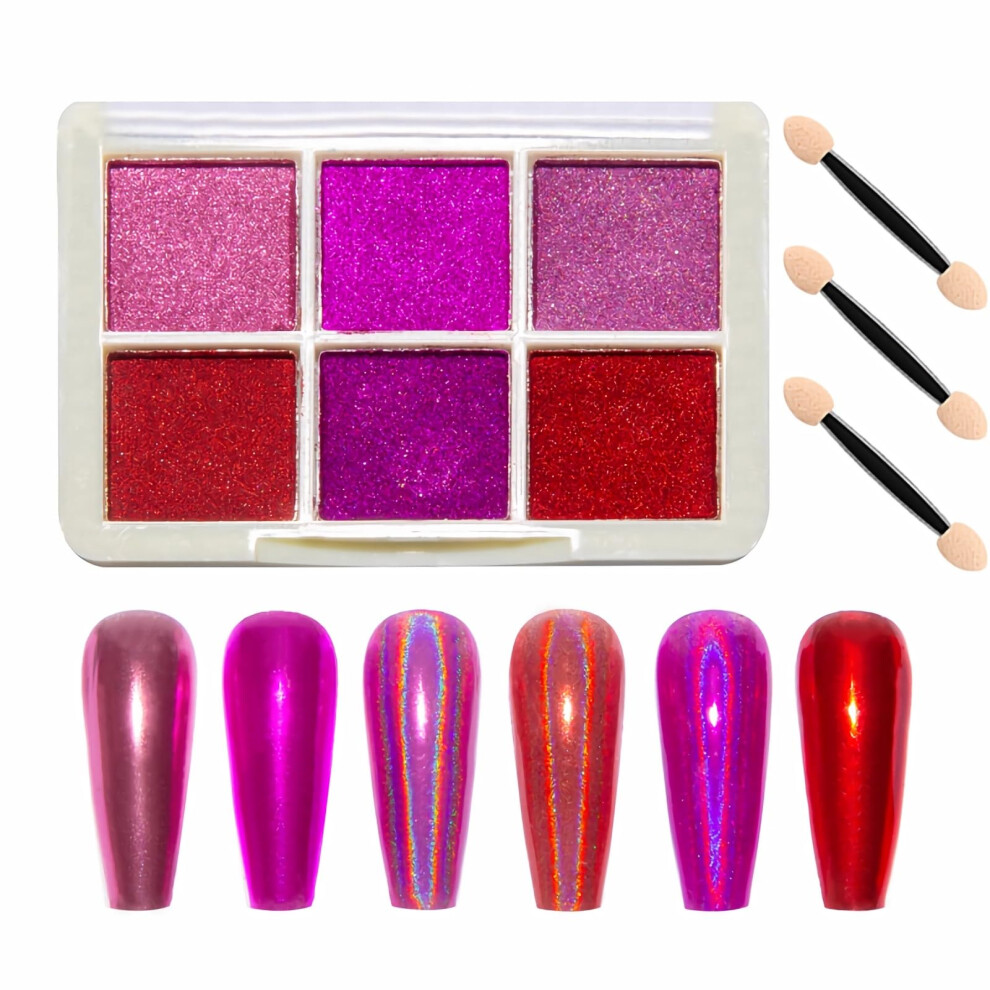 6 Colors Chrome Nail Powder Palette with Mirror and Holographic Aurora Effect for DIY Nail Art