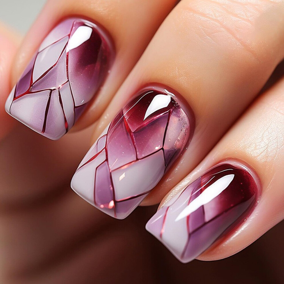Red Wine Glossy Medium Square Press On Nails Set With Application Kit, 24Pcs Acrylic Fake Nails