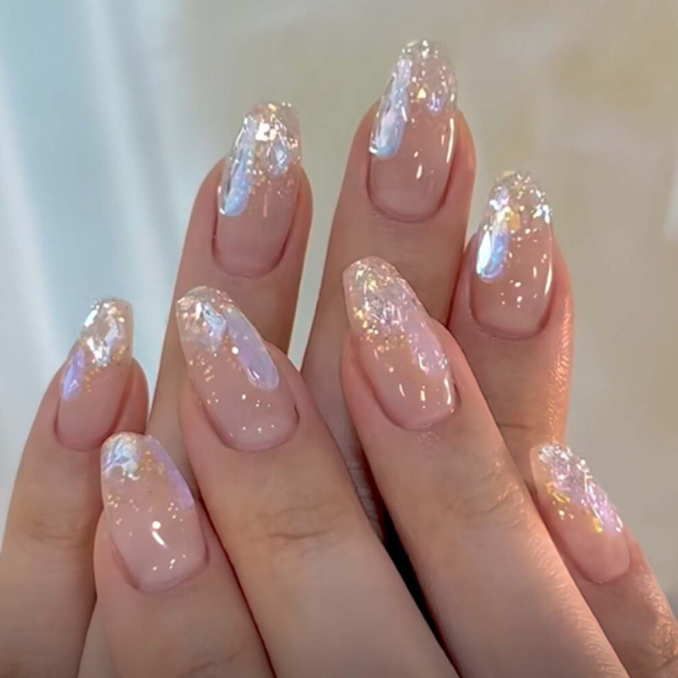 Cream Short Coffin Press On Nails Nude Glitter Fake Nails Full Cover Bling For Women Girls 24Pcs