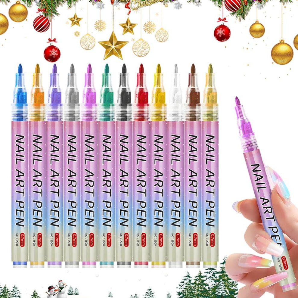 12 Colors Nail Art Pens Set with 0.7mm Fine Tip, QuickDry Waterproof Markers for Gel Nails