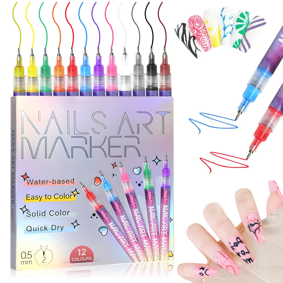 12 Colors 0.5mm Nail Art Pens Set with QuickDry Vibrant Colors for DIY Gel Nail Designs