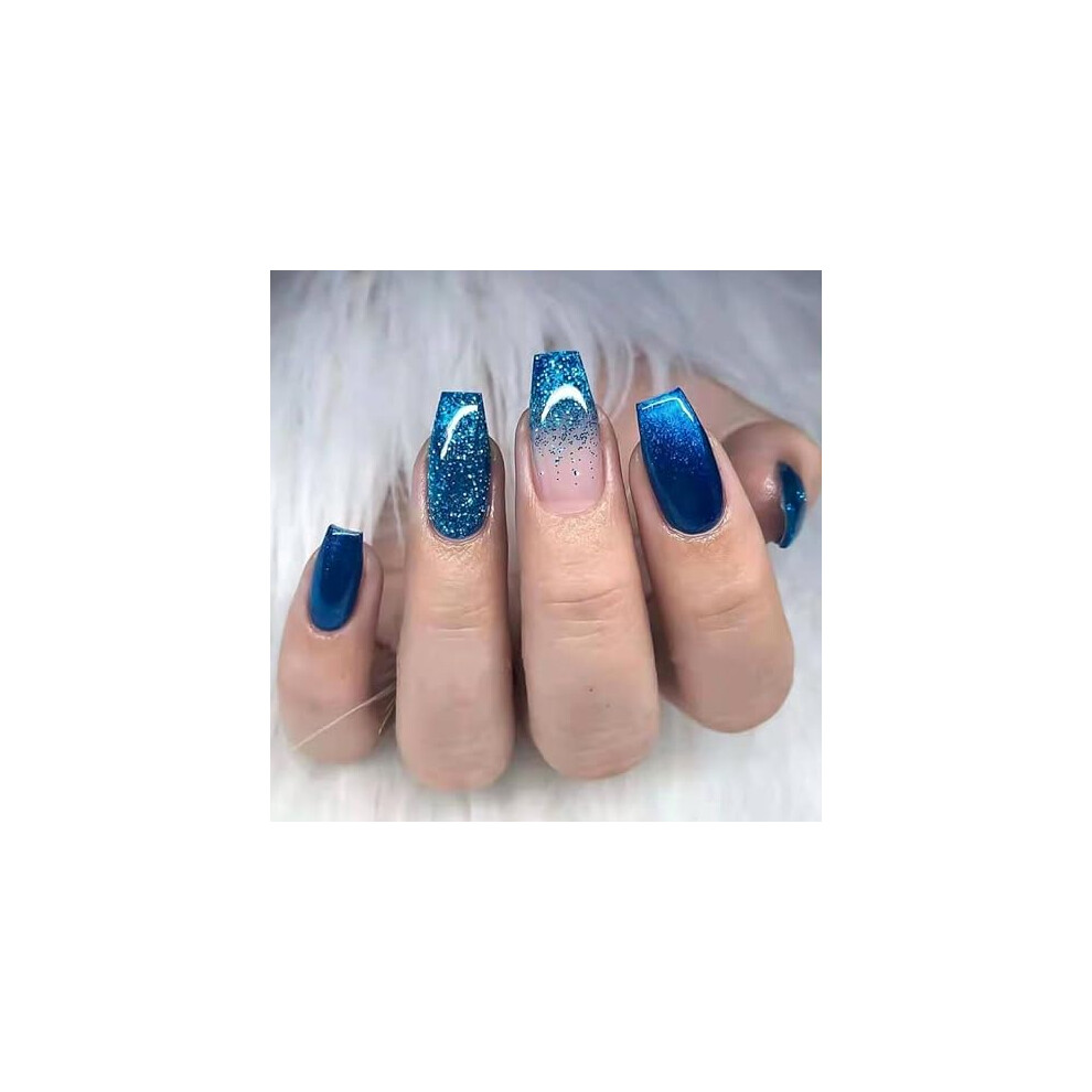 Medium Coffin Press on Nails Set Blue Glitter Gradient Full Cover Reusable 24pcs Manicure Kit