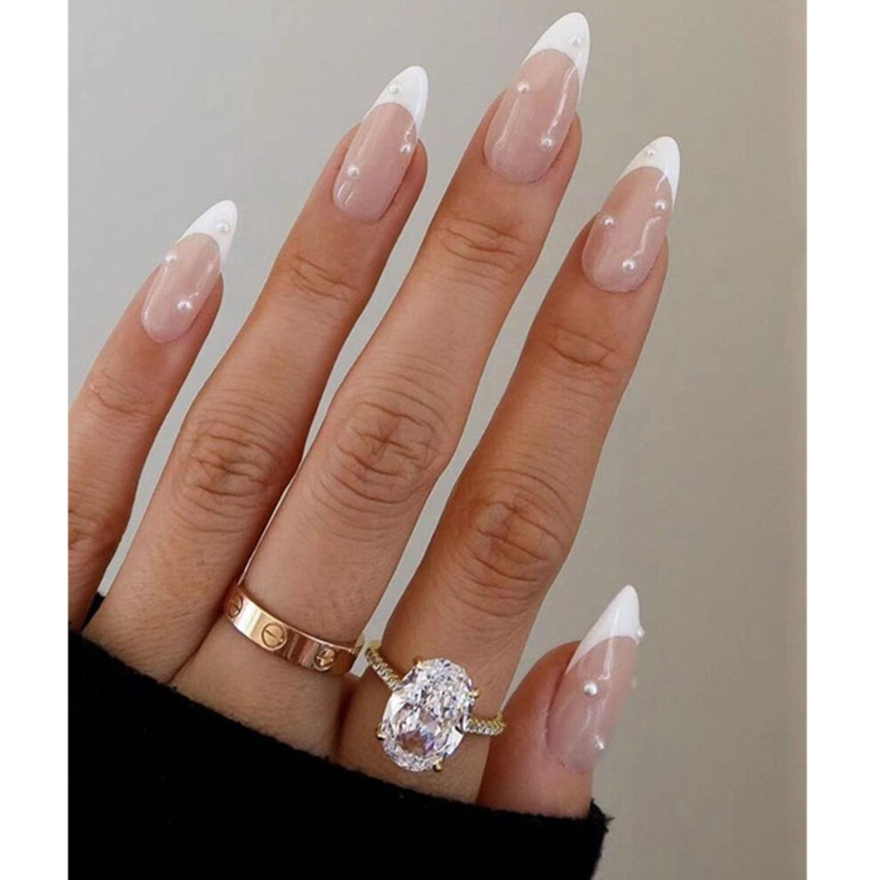 Medium Almond Nude French Press on Nails with Pearls, Glossy Fake Nails for Women 24 Pcs
