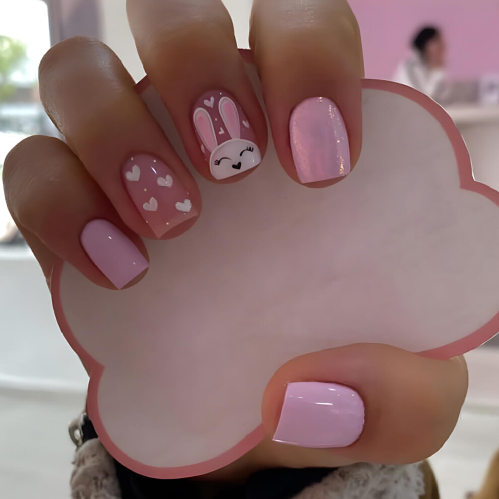 24Pcs Easter Short Almond Press on Nails Glossy Glitter Acrylic False Nails Reusable for Women