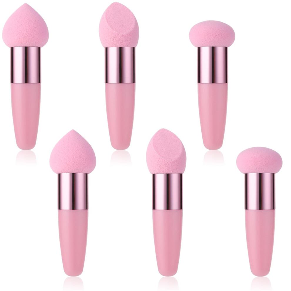Pink Makeup Sponge Applicator Set With Handle For Foundation Eyeshadow Concealer, 6Pcs