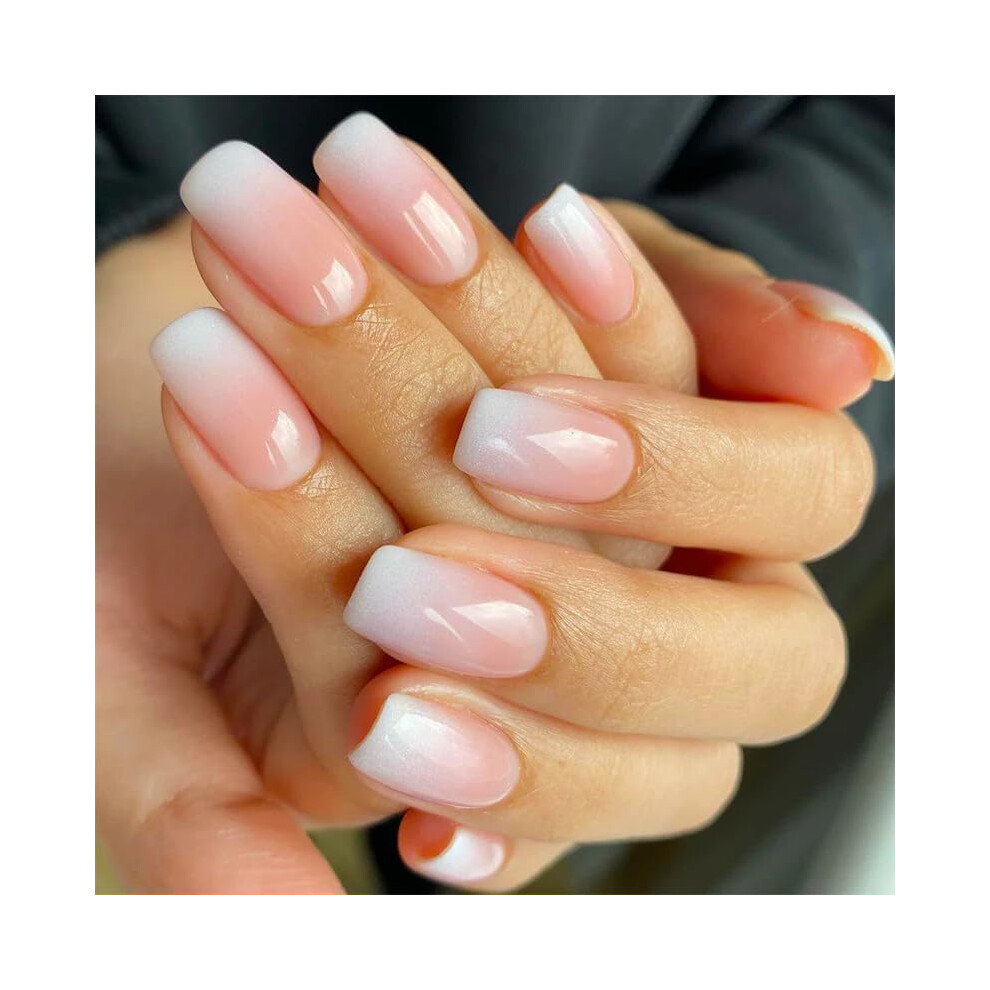 Ivory Gradient French Tip Press On Nails Set With Glue, Reusable Fake Nails For Women