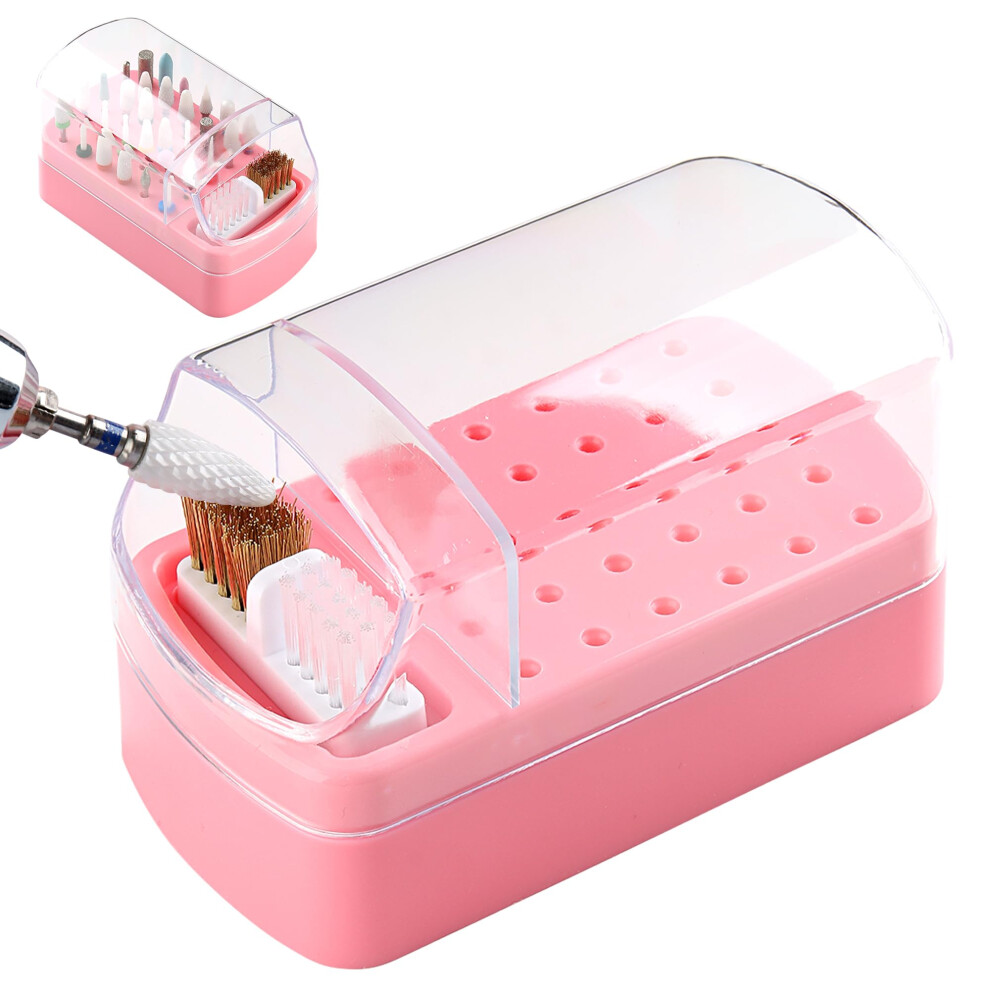 Pink Nail Drill Bit Holder And Cleaner 2 In 1, 30Hole Organizer With Dual Brush, Dustproof Box