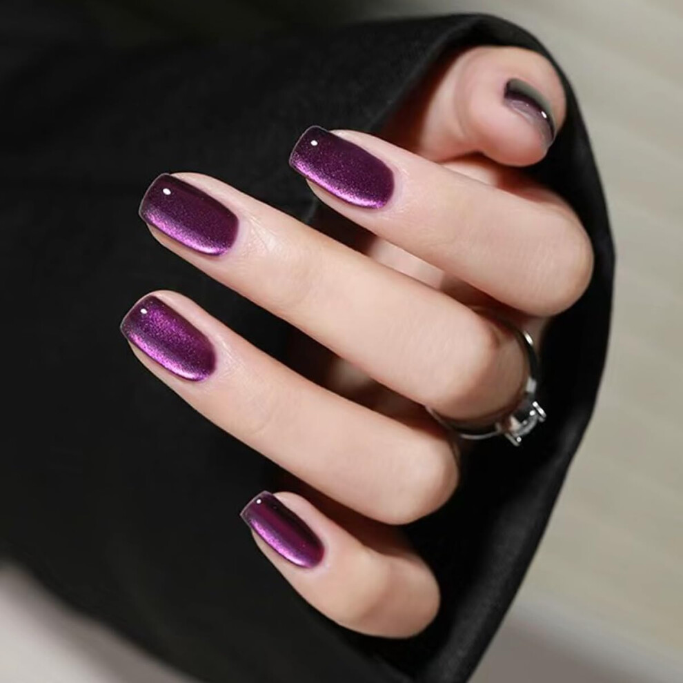 Purple Cat Eye Press On Nails Medium Square Glitter Fake Nails Reusable Acrylic Stick On Nails 24Pcs