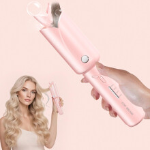 Cordless Automatic Curling Iron for Long Hair with 30s Fast HeatUp, 4 Heat Settings, Pink
