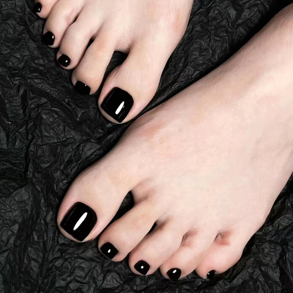 Black Press On Toenails Glossy Mirror Finish Short Square False Toenails Set Reusable For Women