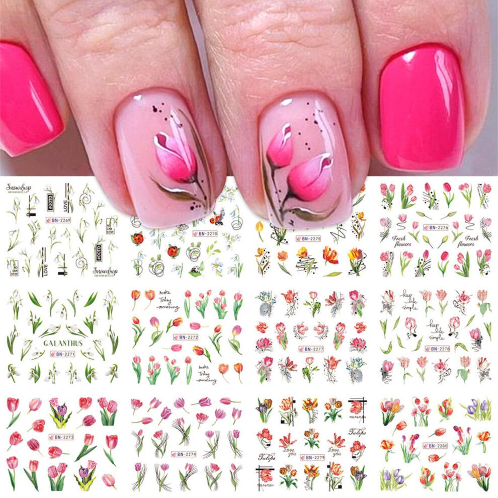 12 Sheets Spring Tulip Nail Art Decals Holographic Floral Water Transfer Nail Stickers for DIY Manicure
