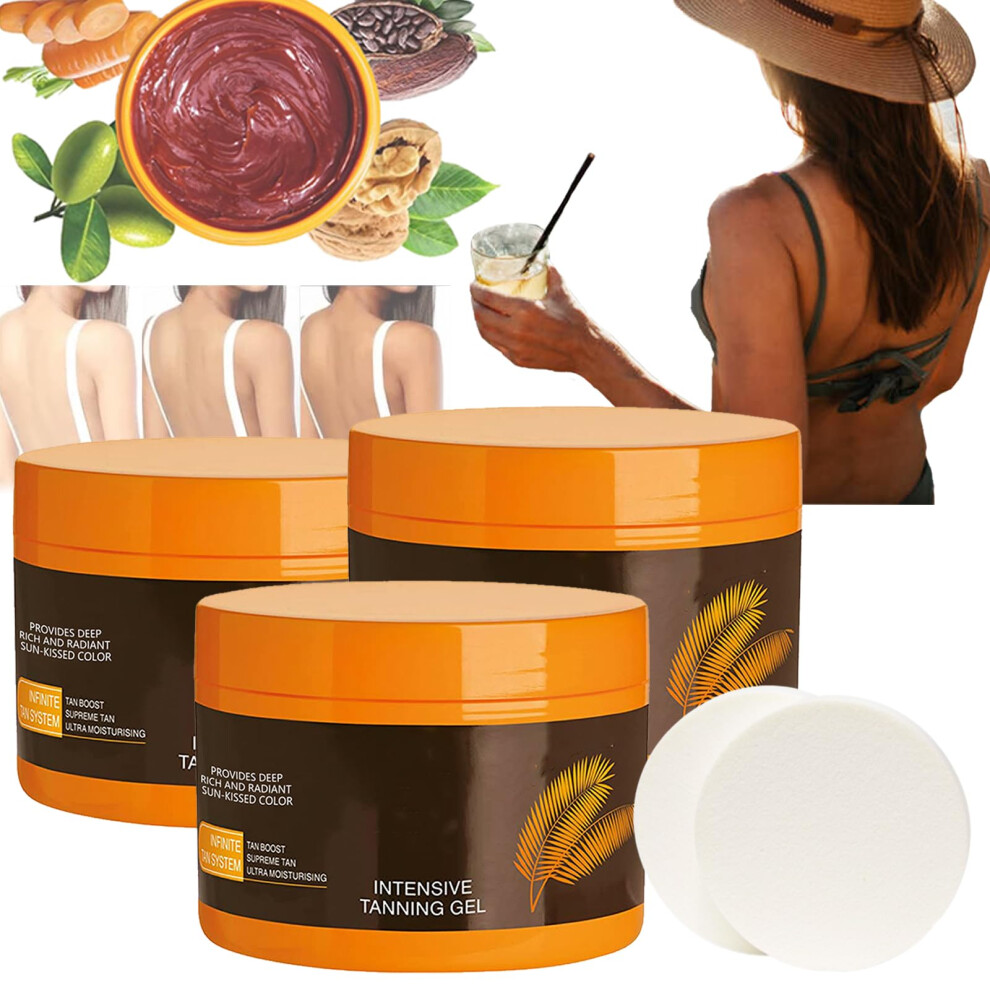 Luxury Intensive Tanning Gel 3PCS Natural Tan Accelerator with Sponge Puff for Sun and Tanning Bed