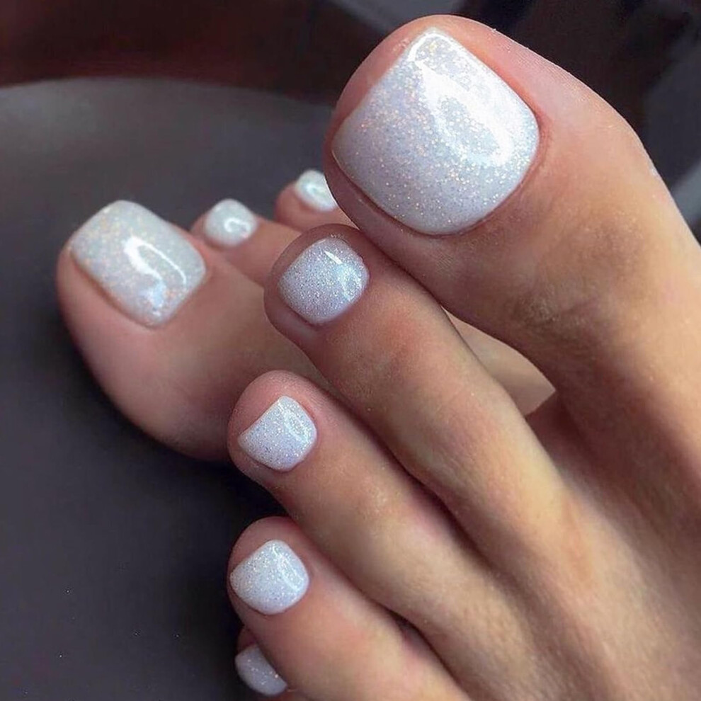 White Press On Toenails With Glitter, Short Square Fake Toenails For Women, Salonquality 24Pcs